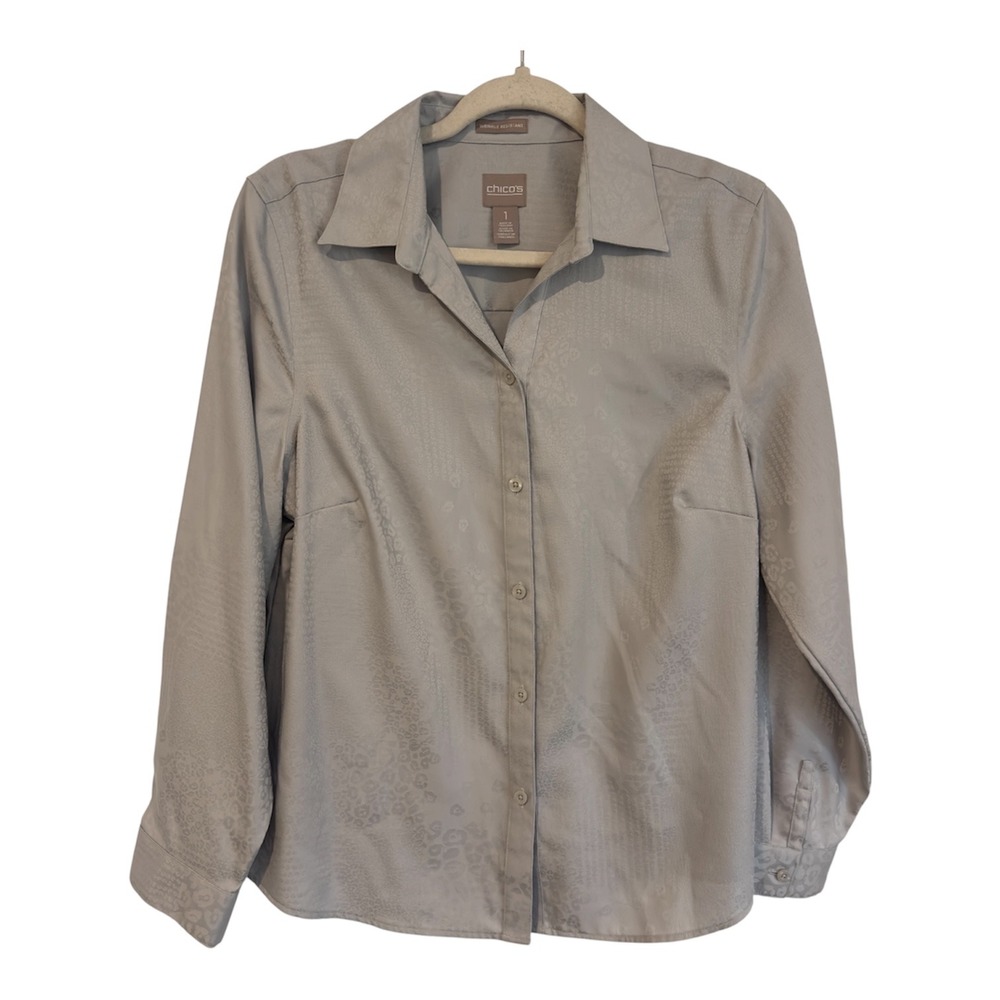 Chico's Grey Jacquard Animal‎ Print Wrinkle Resistant Cotton Button Down Shirt 1